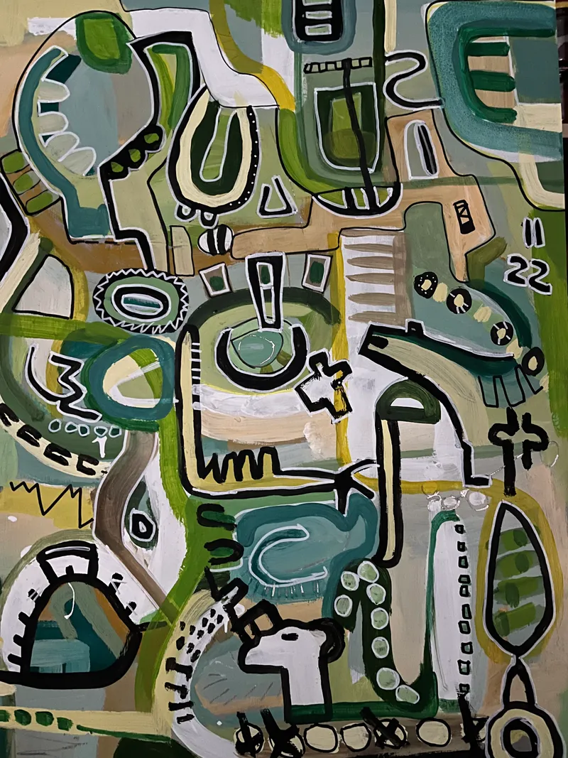 Abstrakte Linienstruktur in Grün und Beige mit schwarzem Netz