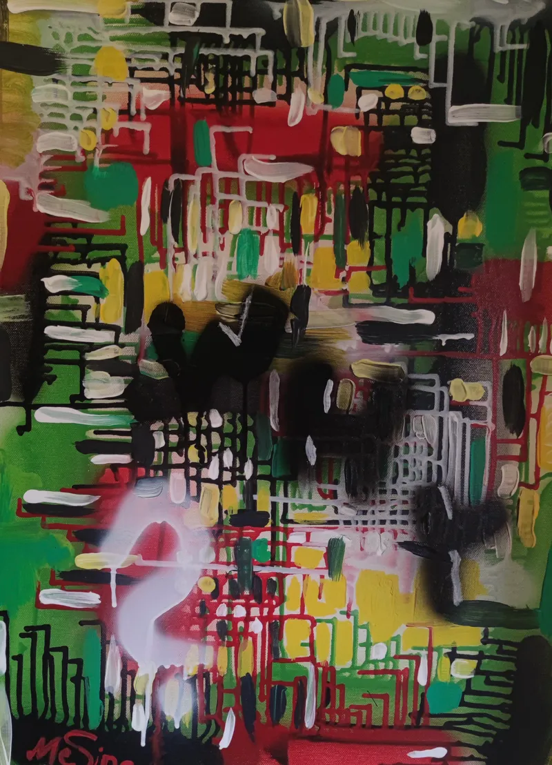 Labyrinthartige Linien in Rot, Grün und Schwarz