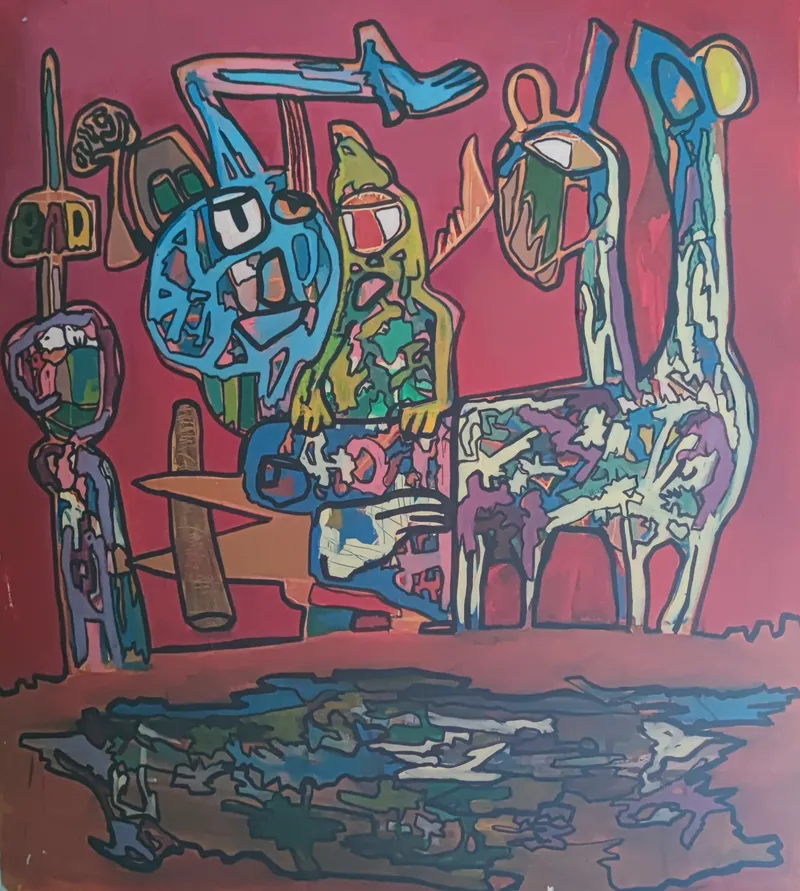 Figuren vor rotem Hintergrund mit türkisblauem Kreis