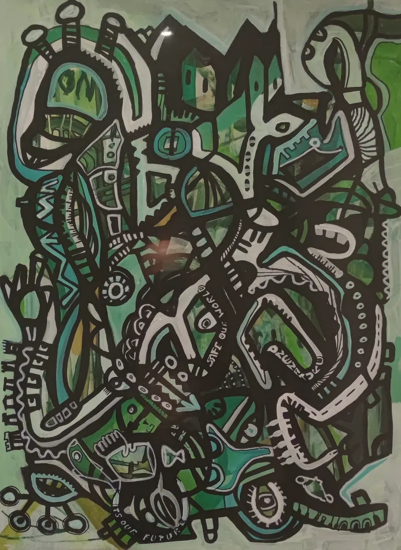 Schwarzes Liniennetz mit grünen und türkisen Flächen