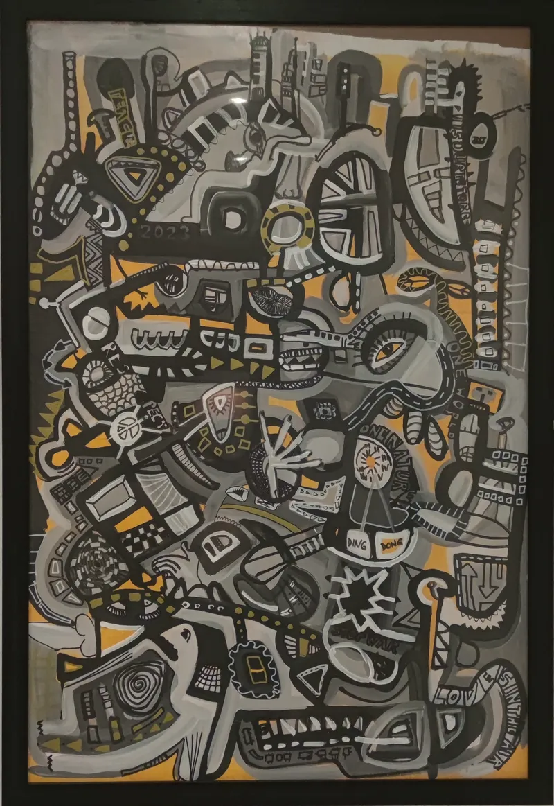 Abstrakte Zeichen und Linien in Grau und Gelb